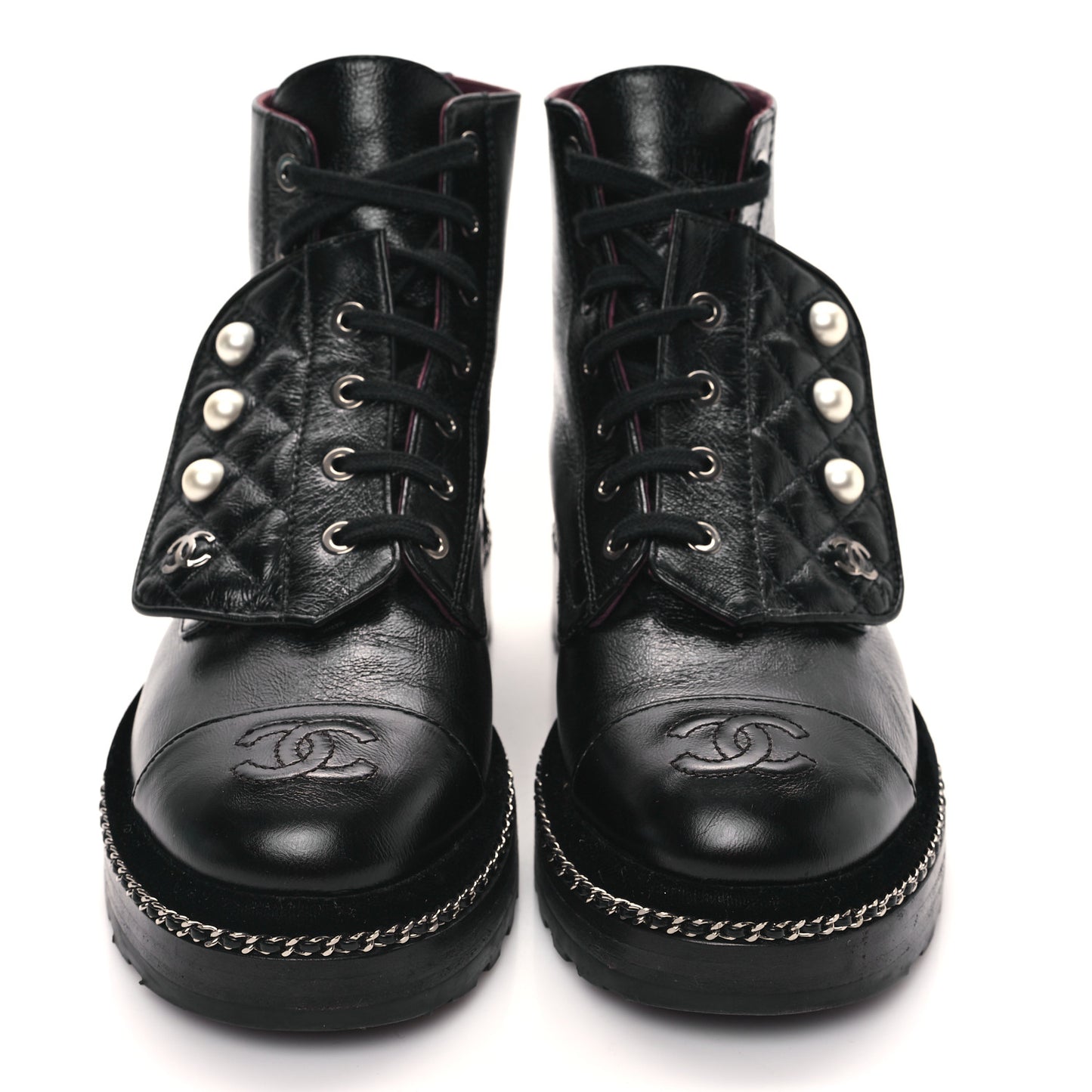 Crackled Calfskin Velvet Pearl Combat Short Boots 37 Black