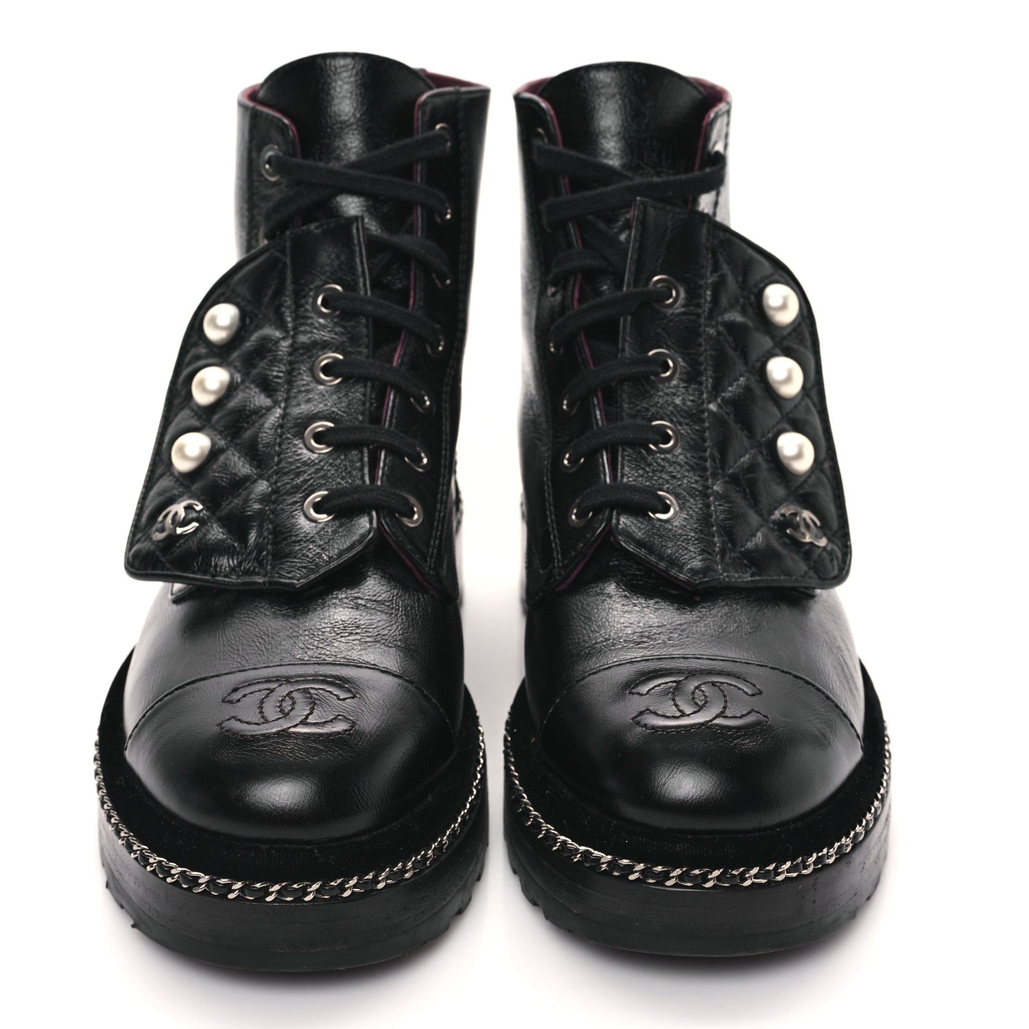 Chanel Crackled Calfskin Velvet Pearl Combat Short Boots 37 Black 2 of 9