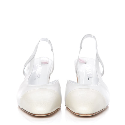 Chanel Lambskin Goatskin Cap Toe CC Slingback Sandals 37 White 2 of 8