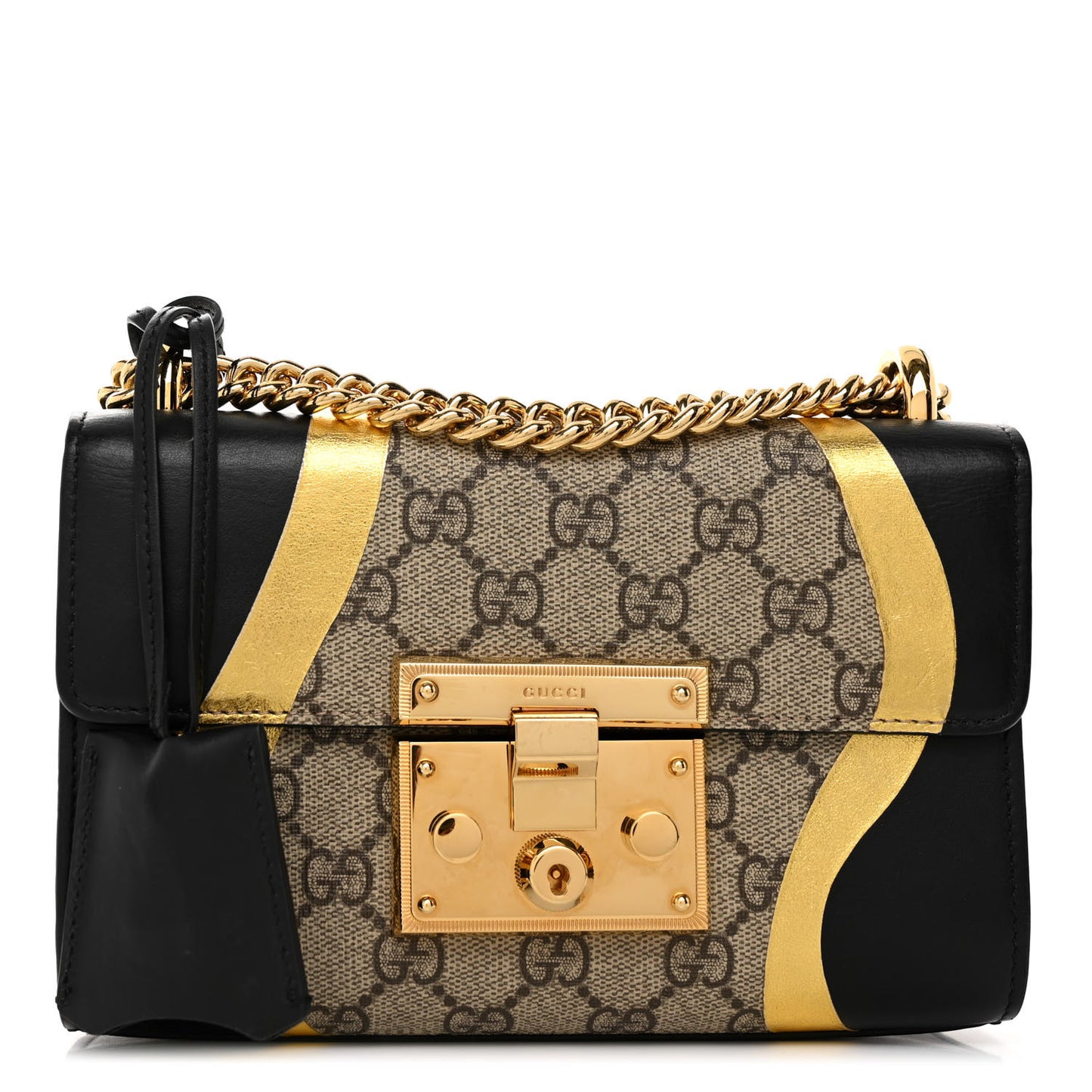 Calfskin GG Supreme Monogram Small Padlock Shoulder Bag Black Gold