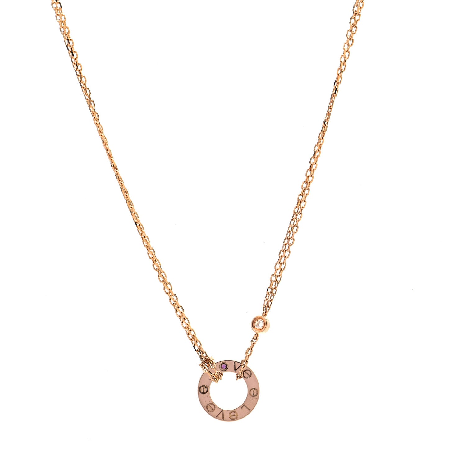 18K Pink Gold 1 Diamond 1 Pink Sapphire LOVE Necklace