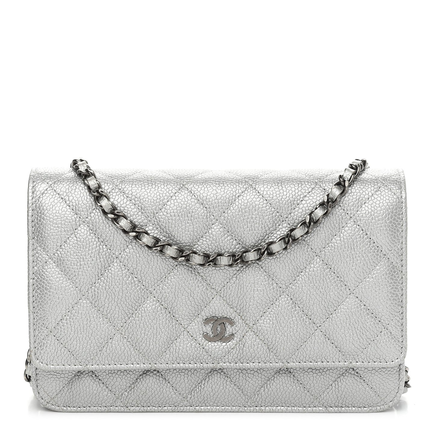 Metallic Caviar Quilted Wallet on Chain WOC Silver