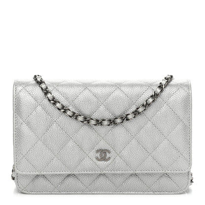 Chanel Metallic Caviar Quilted Wallet on Chain WOC Silver 1 of 10