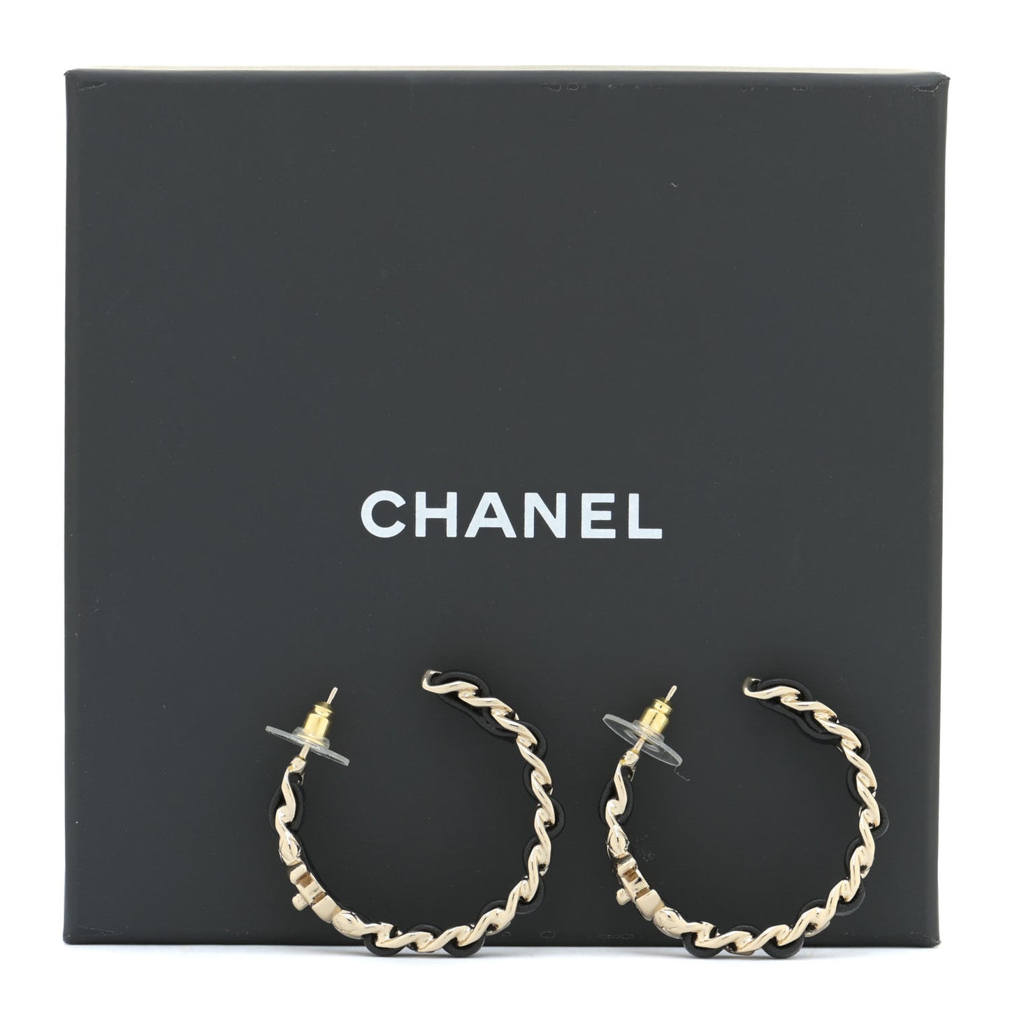 Lambskin CC Turnlock Chain Hoop Earrings Gold Black