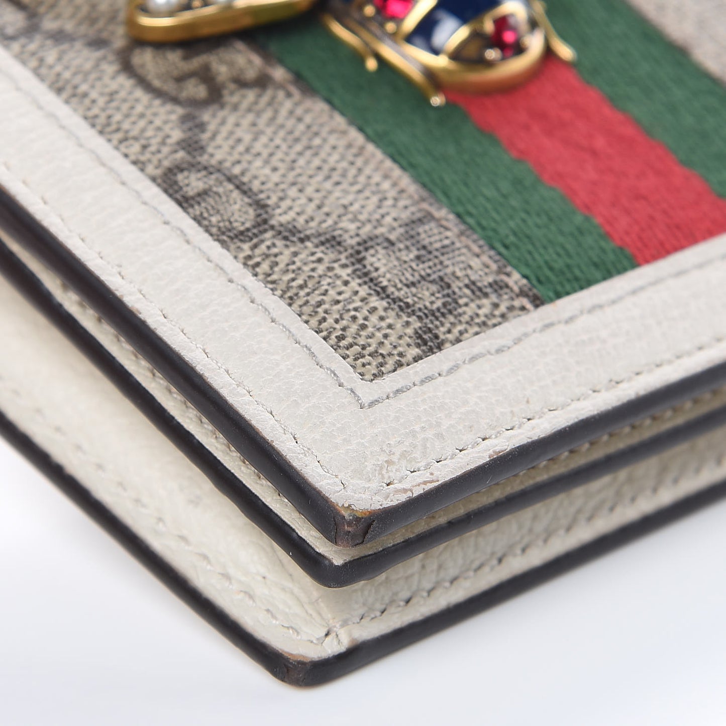 GG Supreme Monogram Web Queen Margaret Card Case Wallet Beige Mystic White