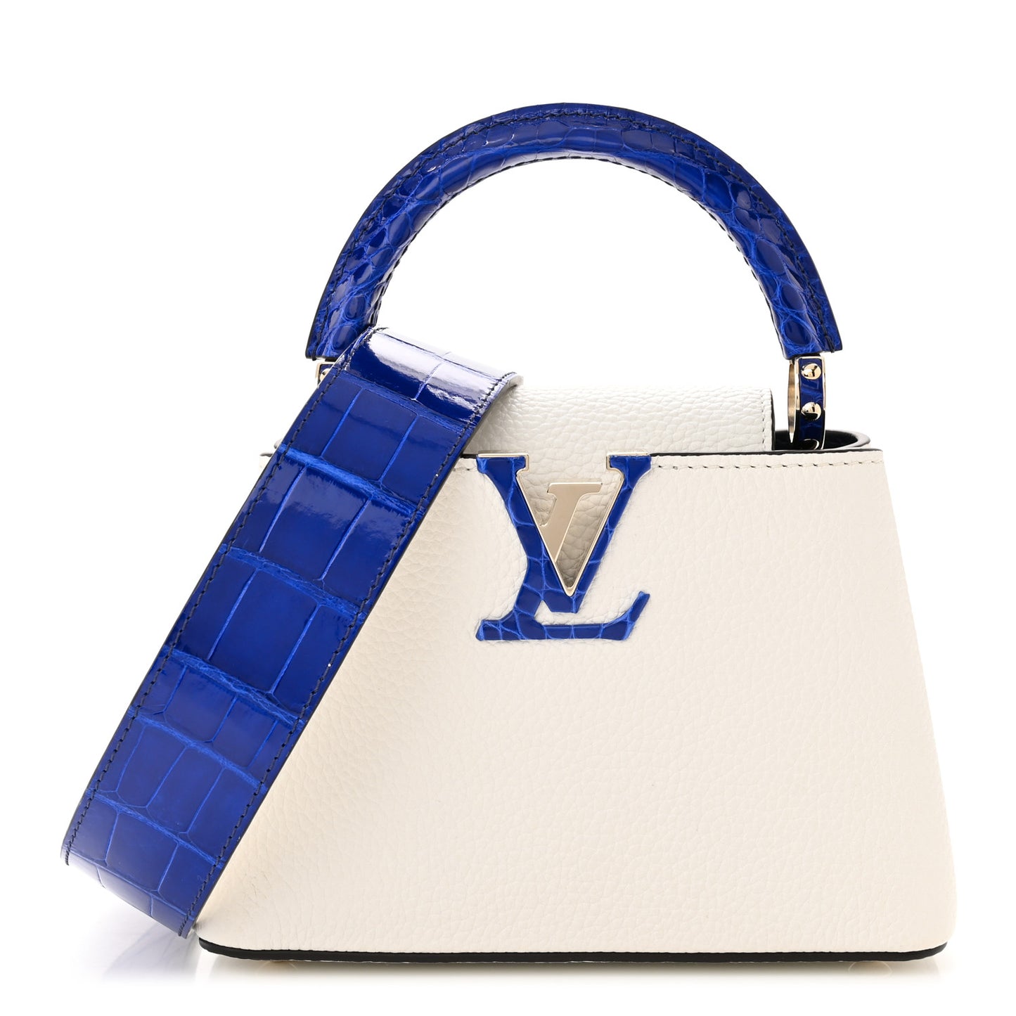 Taurillon Crocodile Capucines Mini White Bleu Santorin