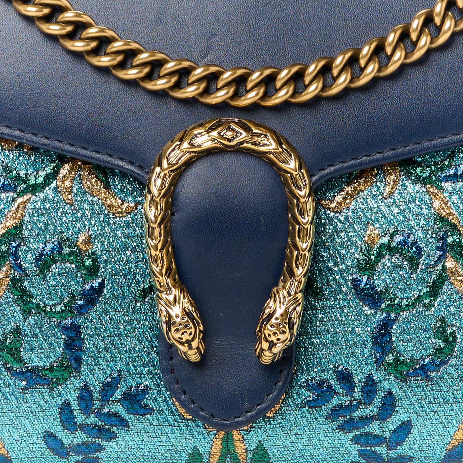Gucci Metallic Brocade Calfskin Mini Dionysus Chain Wallet Black Blue Azure 8 of 11