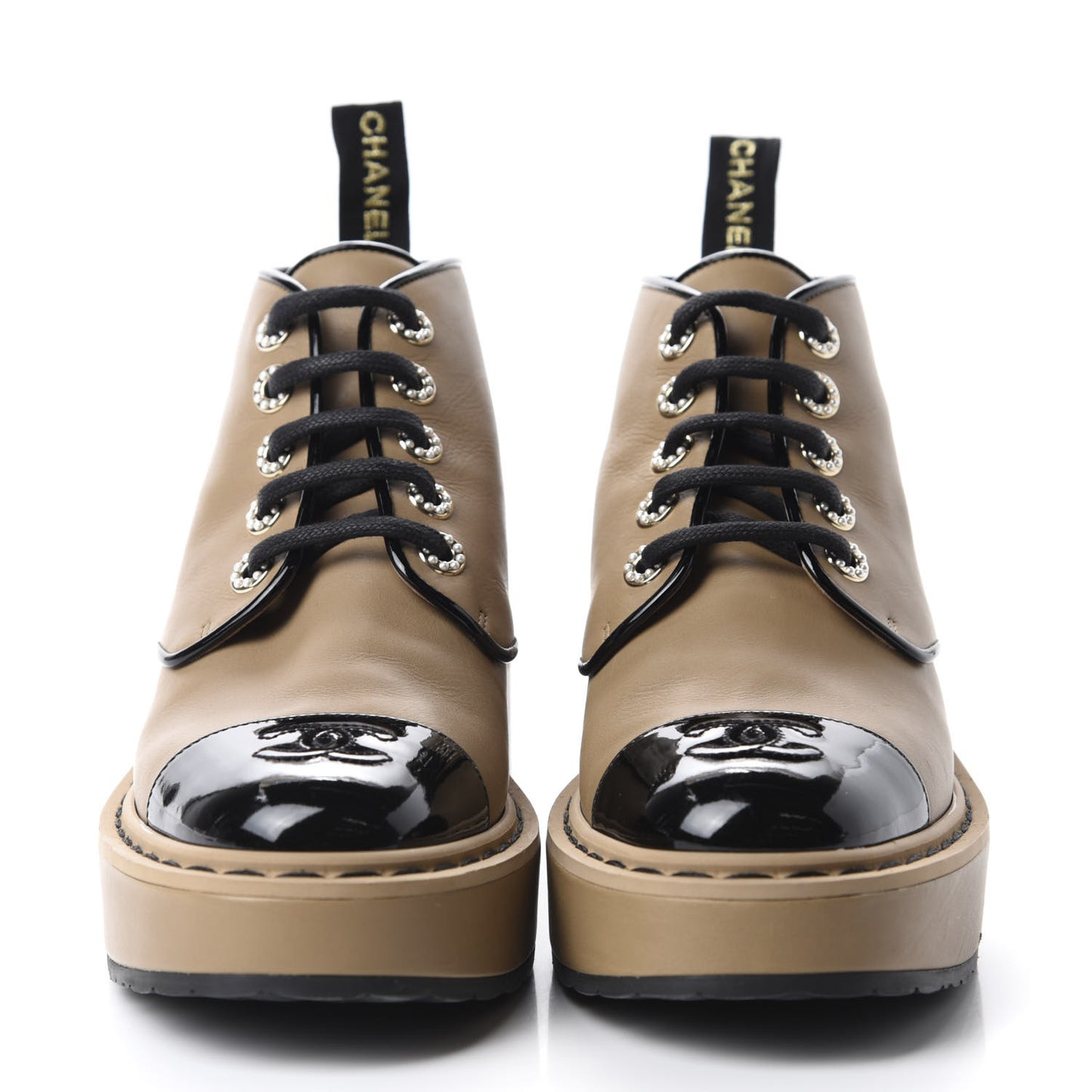 Calfskin Lace Up CC Short Boots 37 Beige Black