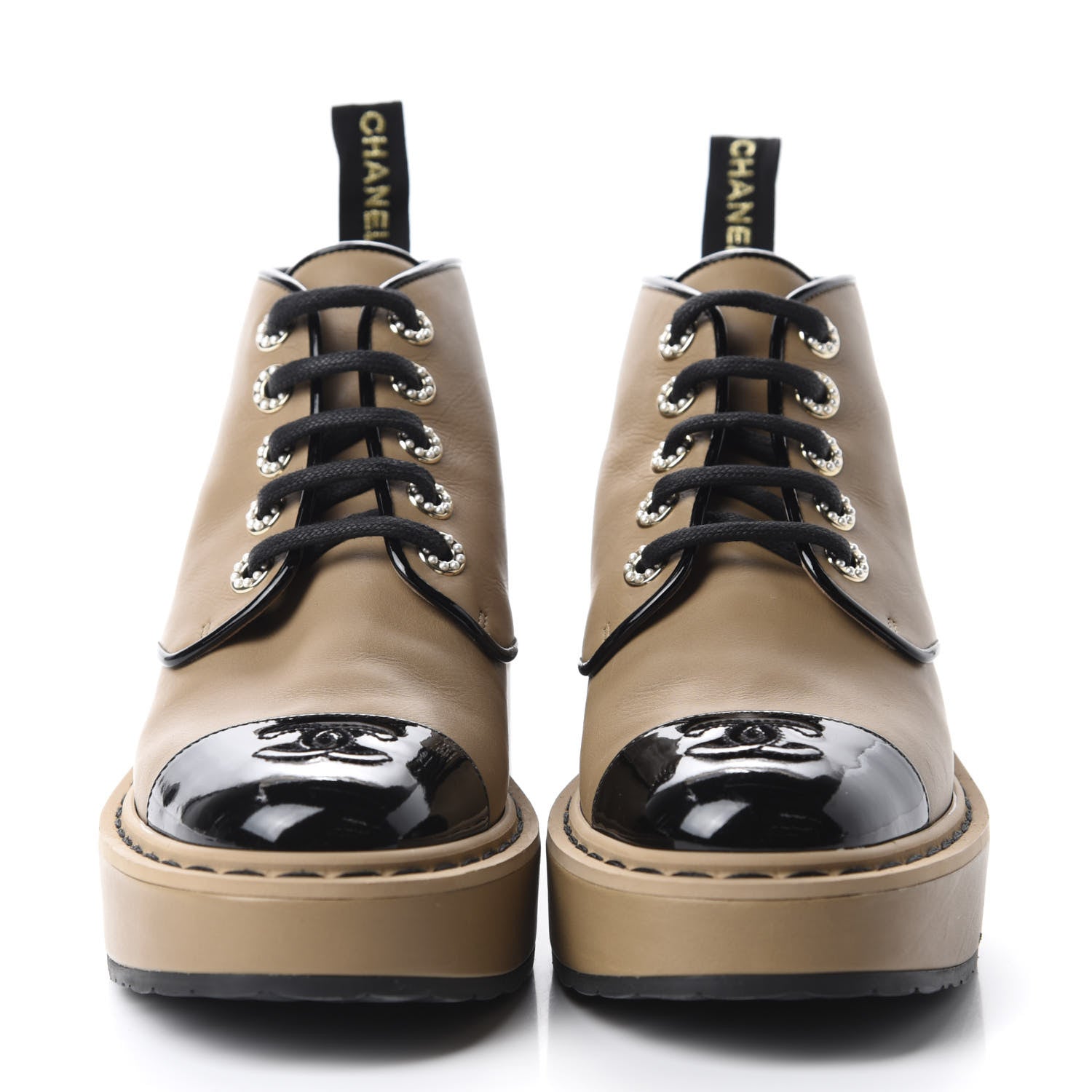 Chanel Calfskin Lace Up CC Short Boots 37 Beige Black 2 of 15