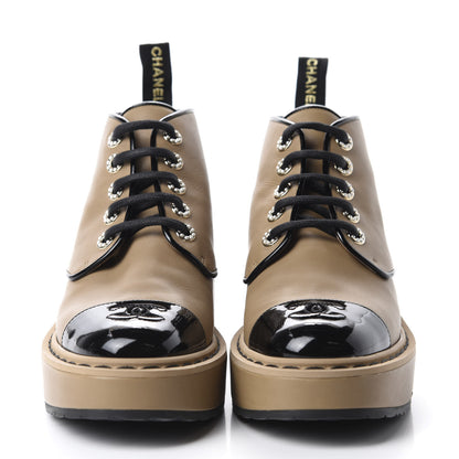 Chanel Calfskin Lace Up CC Short Boots 37 Beige Black 2 of 15