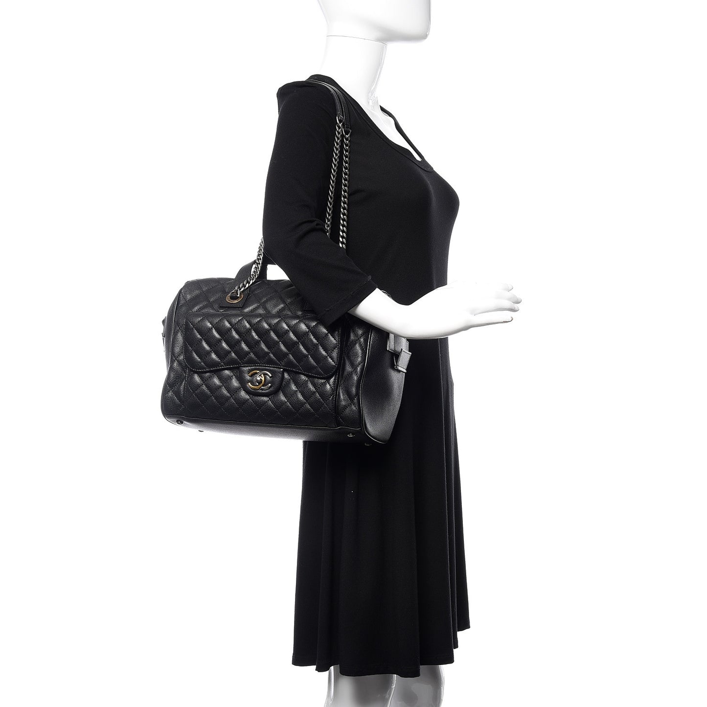 Grained Calfskin Quilted Large Casual Pocket Bowling Bag Black