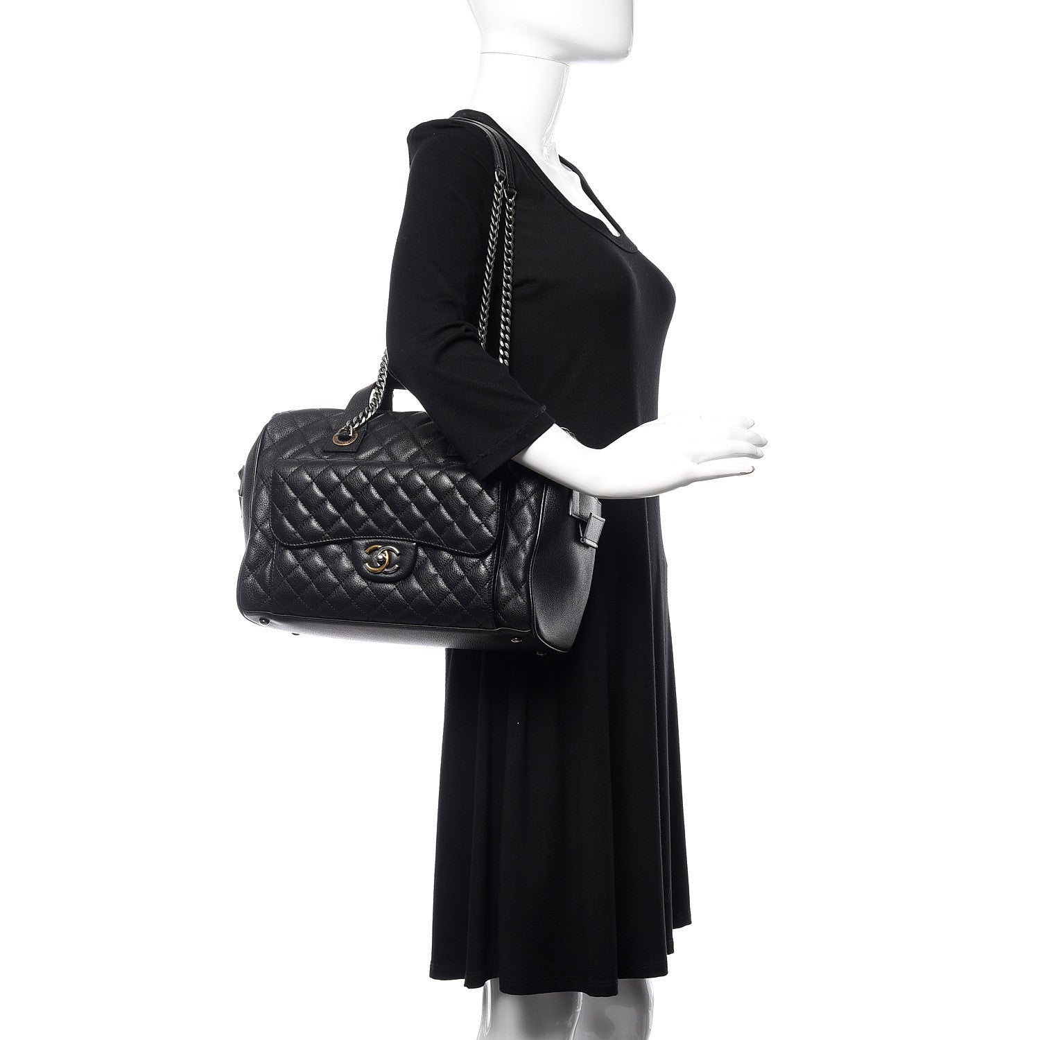 Chanel Grained Calfskin Quilted Large Casual Pocket Bowling Bag Black 2 of 14