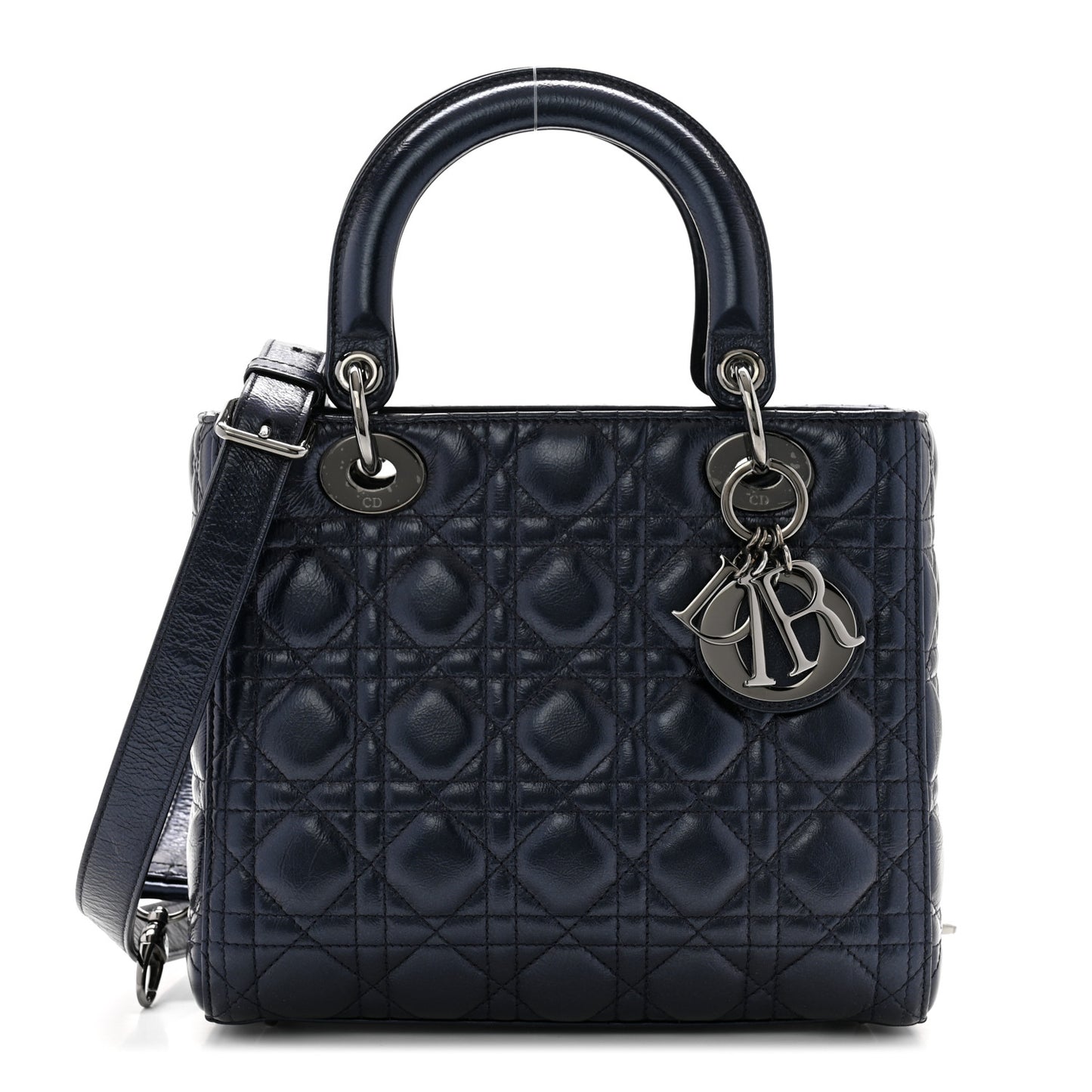 Metallic Lambskin Cannage Medium Lady Dior Navy Blue