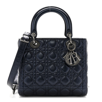 Christian Dior Metallic Lambskin Cannage Medium Lady Dior Navy Blue 1 of 12