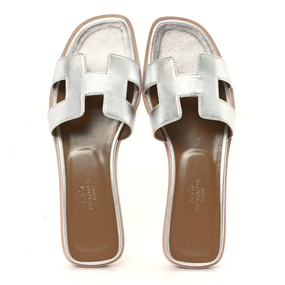 Hermes Metallic Nappa Oran Sandals 37.5 Gris Argente 2 of 9