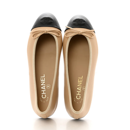 Chanel Lambskin Cap Toe CC Ballerina Flats 37 Beige Black 2 of 10
