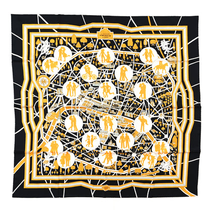 Hermes Silk Les Nouveaux Amoureux de Paris Scarf 90 Black White Jaune 1 of 4