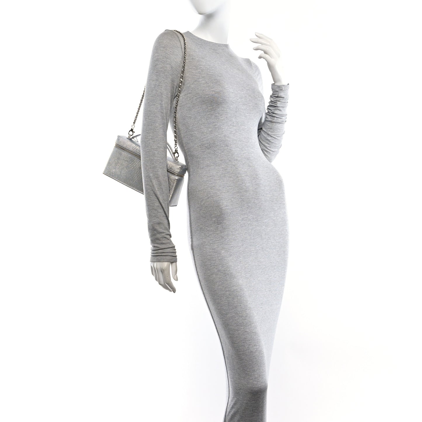Lizard Embossed Top Handle Slim Vanity With Chain Silvery