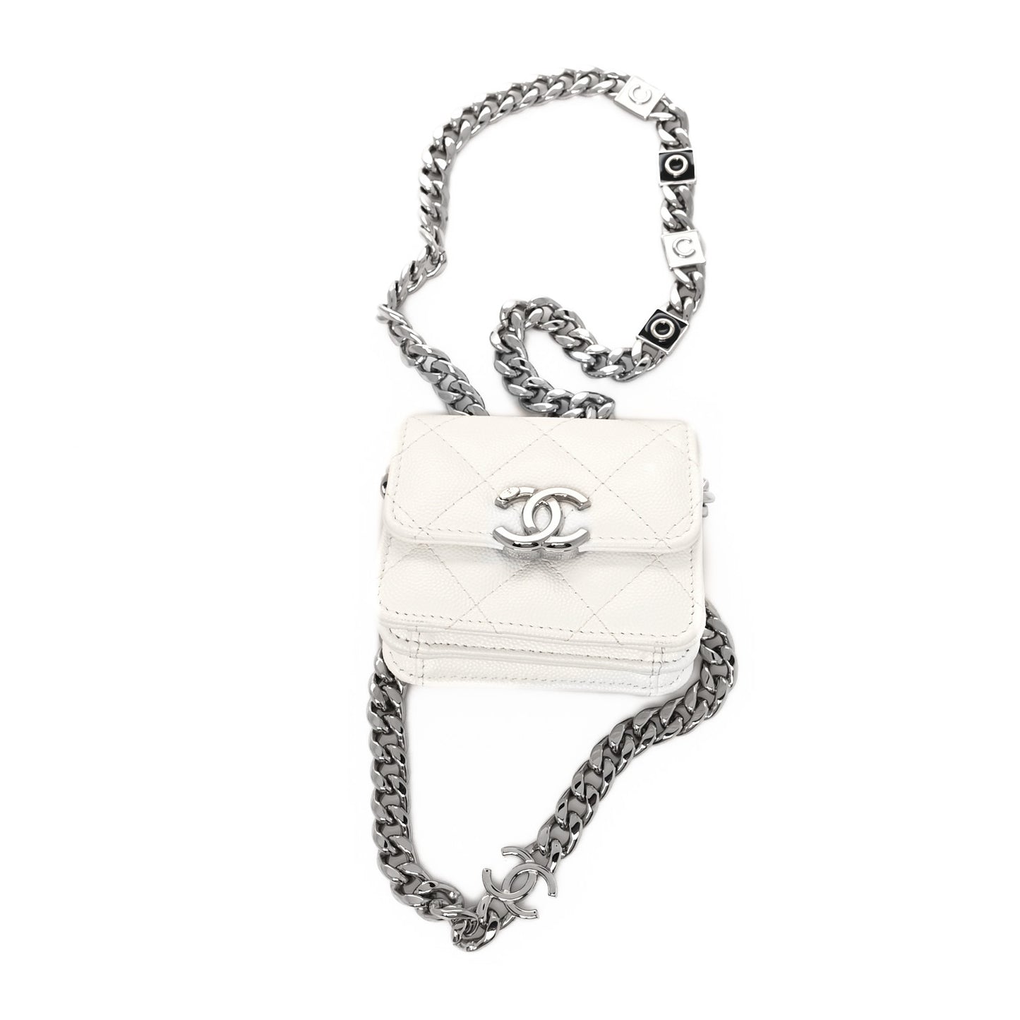 Caviar Quilted Enamel Coco Clutch With Chain White