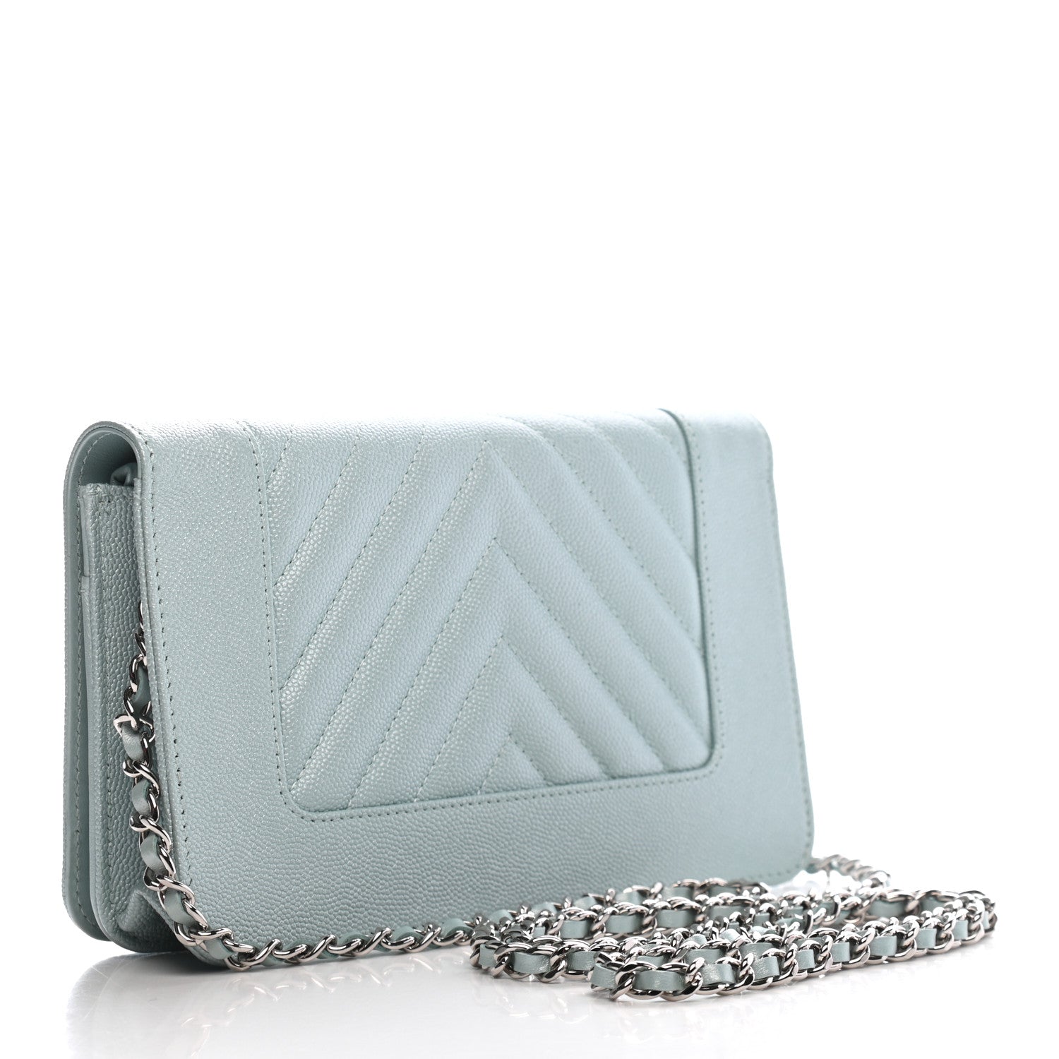 Chanel Metallic Caviar Chevron Quilted Vintage Mademoiselle Wallet On Chain WOC Light Blue 3 of 9