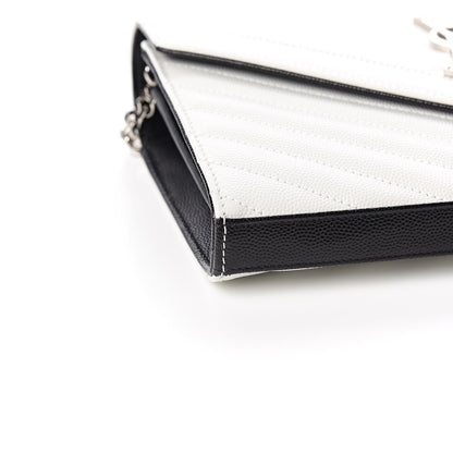 Saint Laurent Grain De Poudre Matelasse Bi-Color Chevron Monogram Chain Wallet White Black 7 of 10