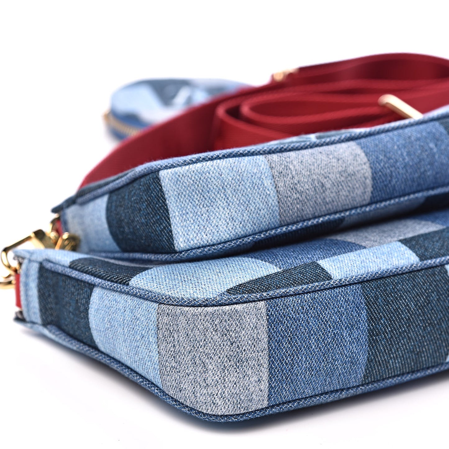 Denim Damier Monogram Patchwork Multi Pochette Accessories Blue Rouge