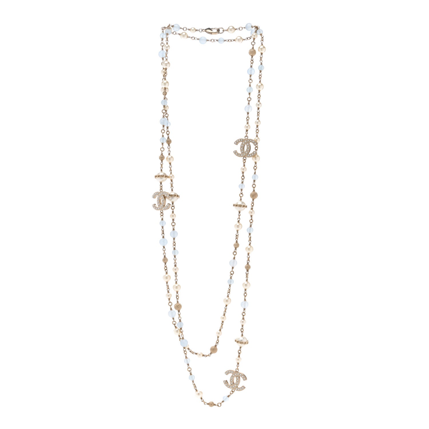 Chanel Pearl Beaded CC Long Necklace Gold Light Blue 3 of 5