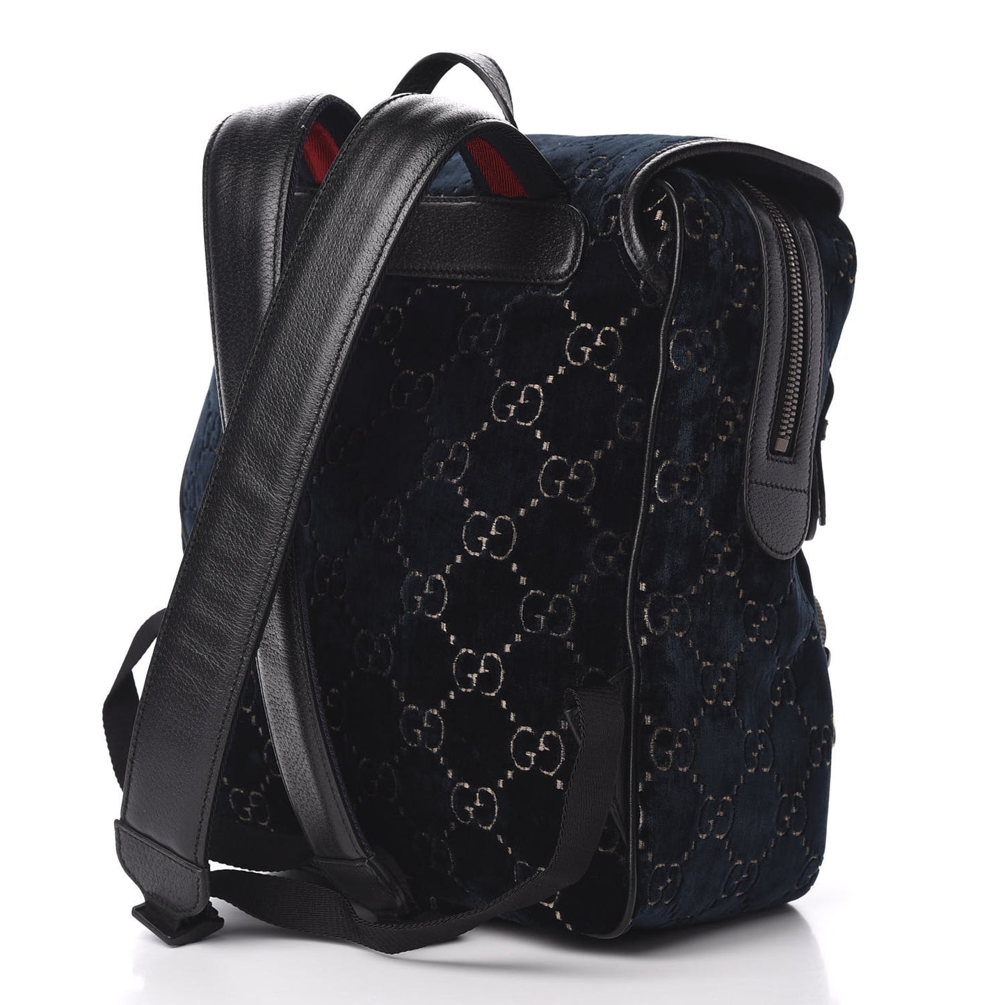 Velvet GG Monogram Textured Calfskin Web Small Double Buckle Backpack Blue Beige Black
