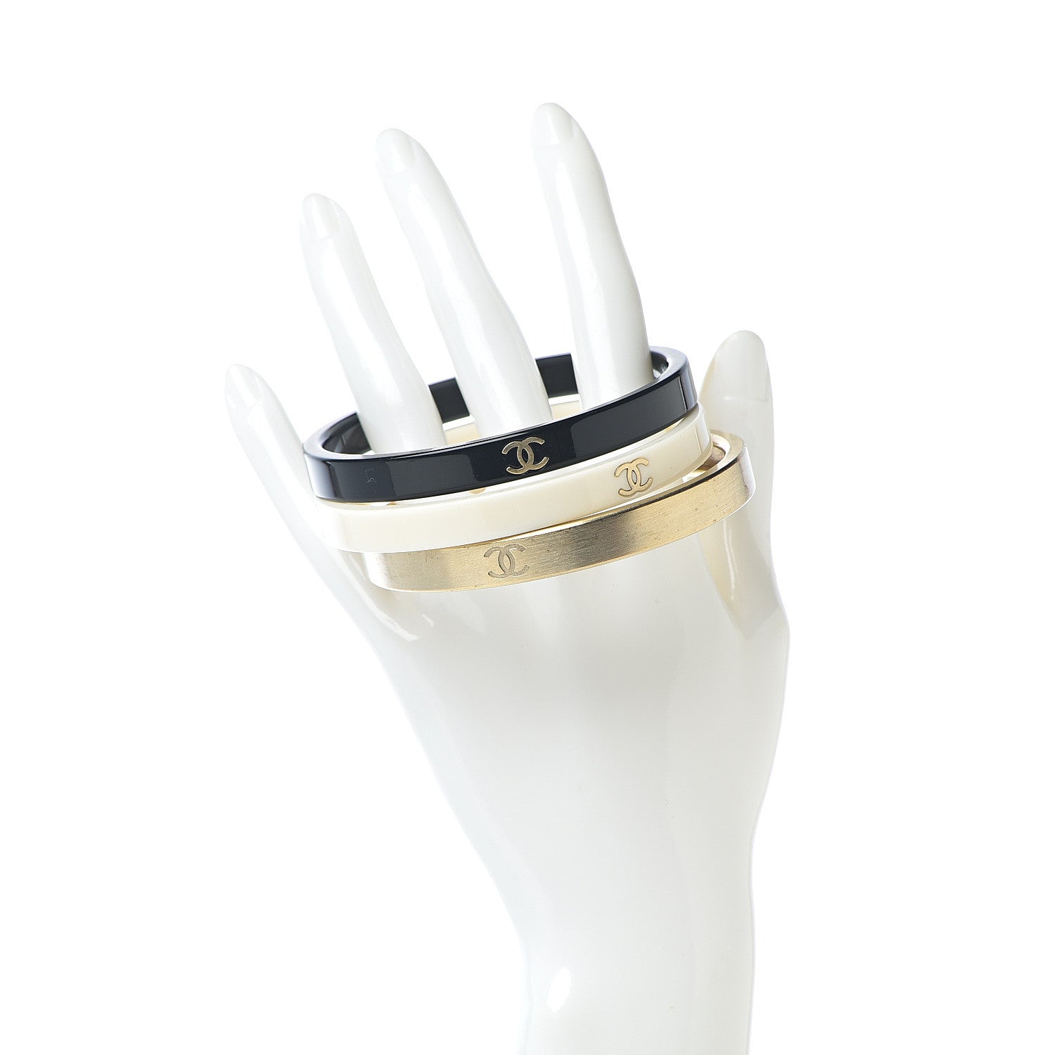 Chanel Resin Metal CC Bangle Set of 3 Black White Gold 2 of 7