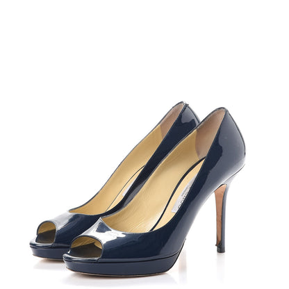 Jimmy Choo Patent Luna Platform Peep Toe Pumps 38 Navy 3 of 18