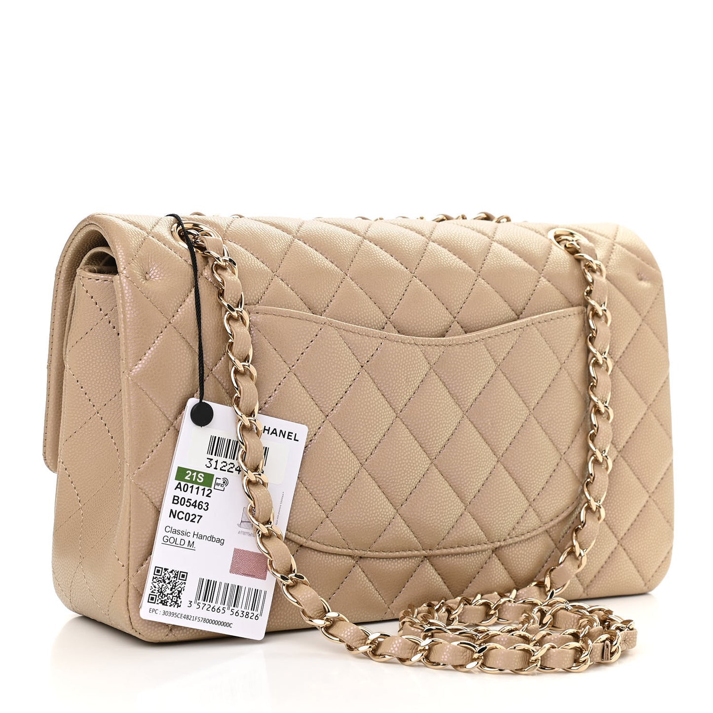Iridescent Caviar Quilted Medium Double Flap Dark Beige