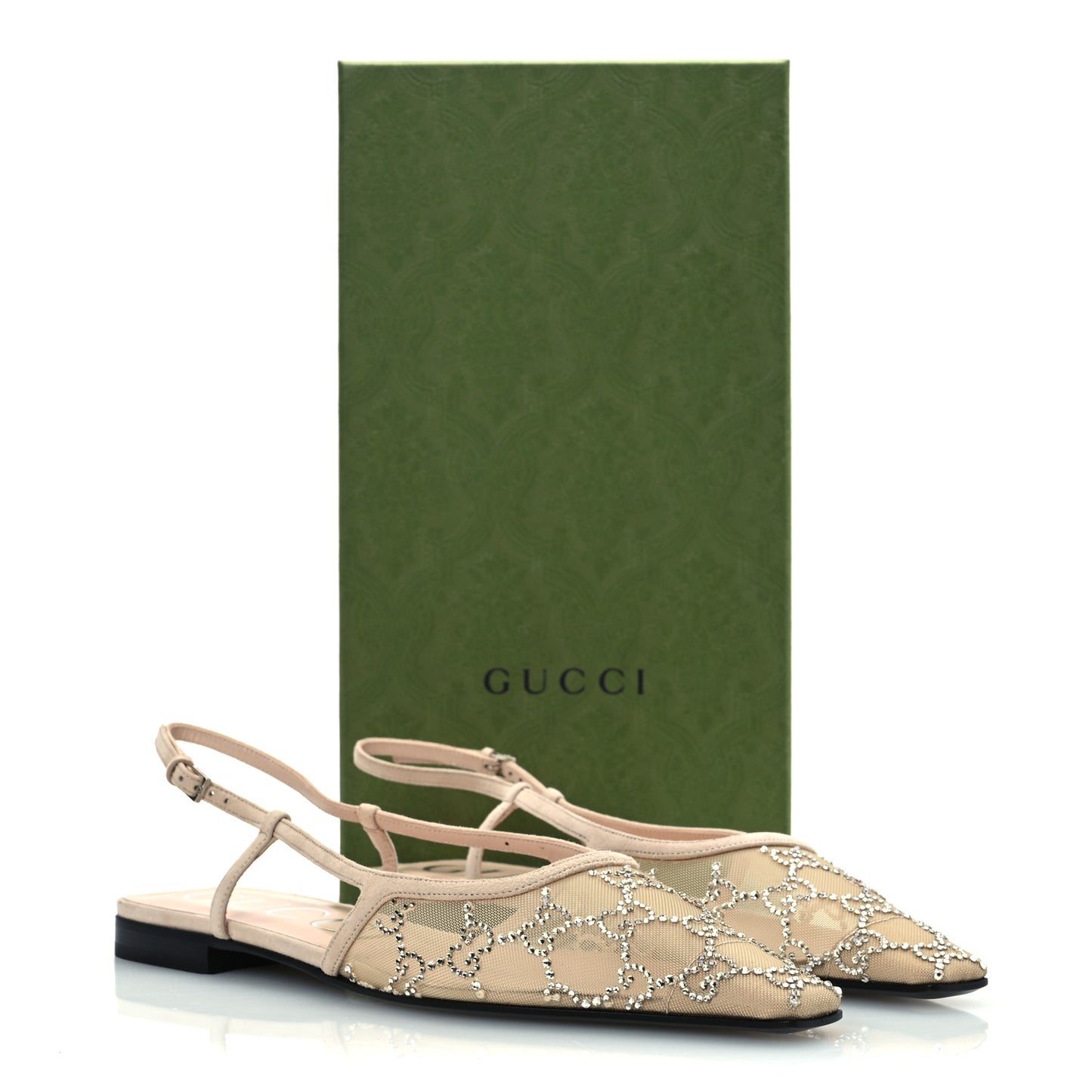 Suede Mesh Crystal GG Monogram Slingback Ballet Flats 39 Light Powder Skin Rose