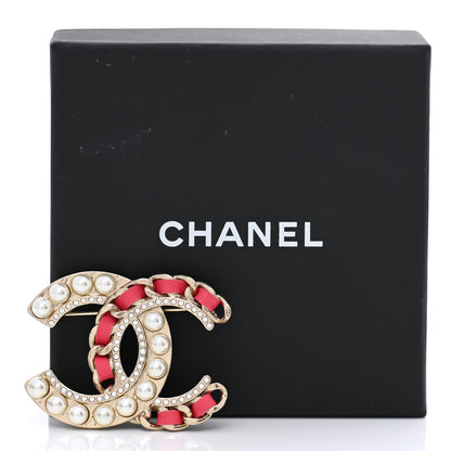 Chanel Lambskin Pearl Crystal CC Chain Brooch Pink Gold 5 of 5