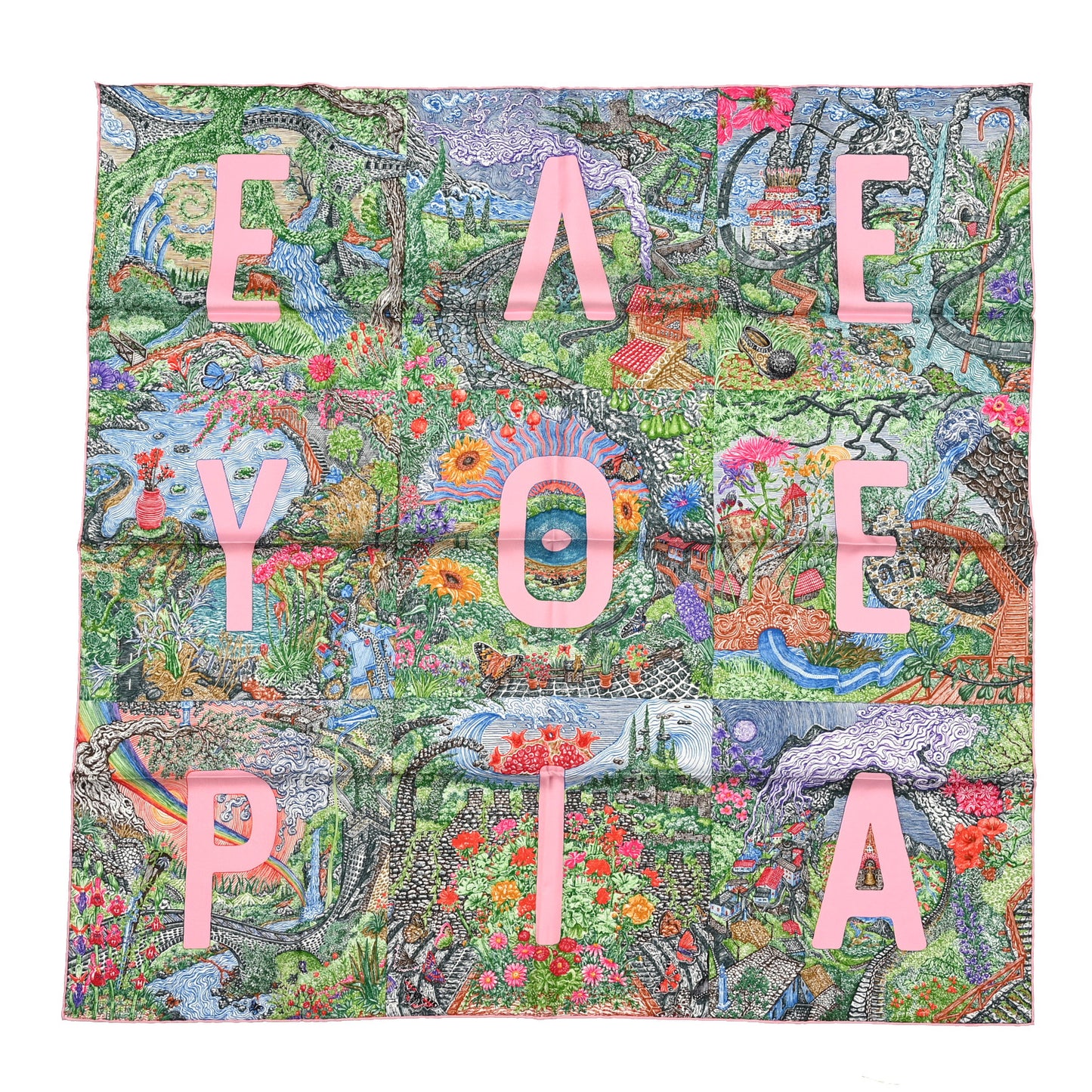 Silk Eleftheria Scarf 90 Vert Vif Rose Encre