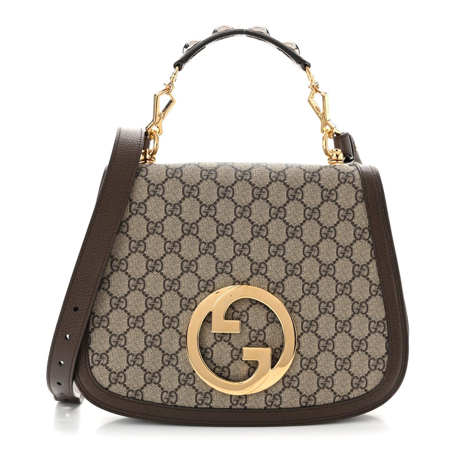 GG Supreme Monogram Textured Dollar Calfskin Web Medium Blondie Top Handle Shoulder Flap Bag Beige Ebony New Acero