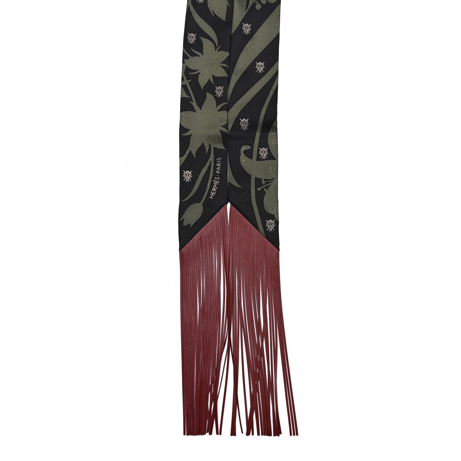 Hermes Silk Calfskin Bouquet Final Fringed Twilly Vert Loden Black 2 of 4