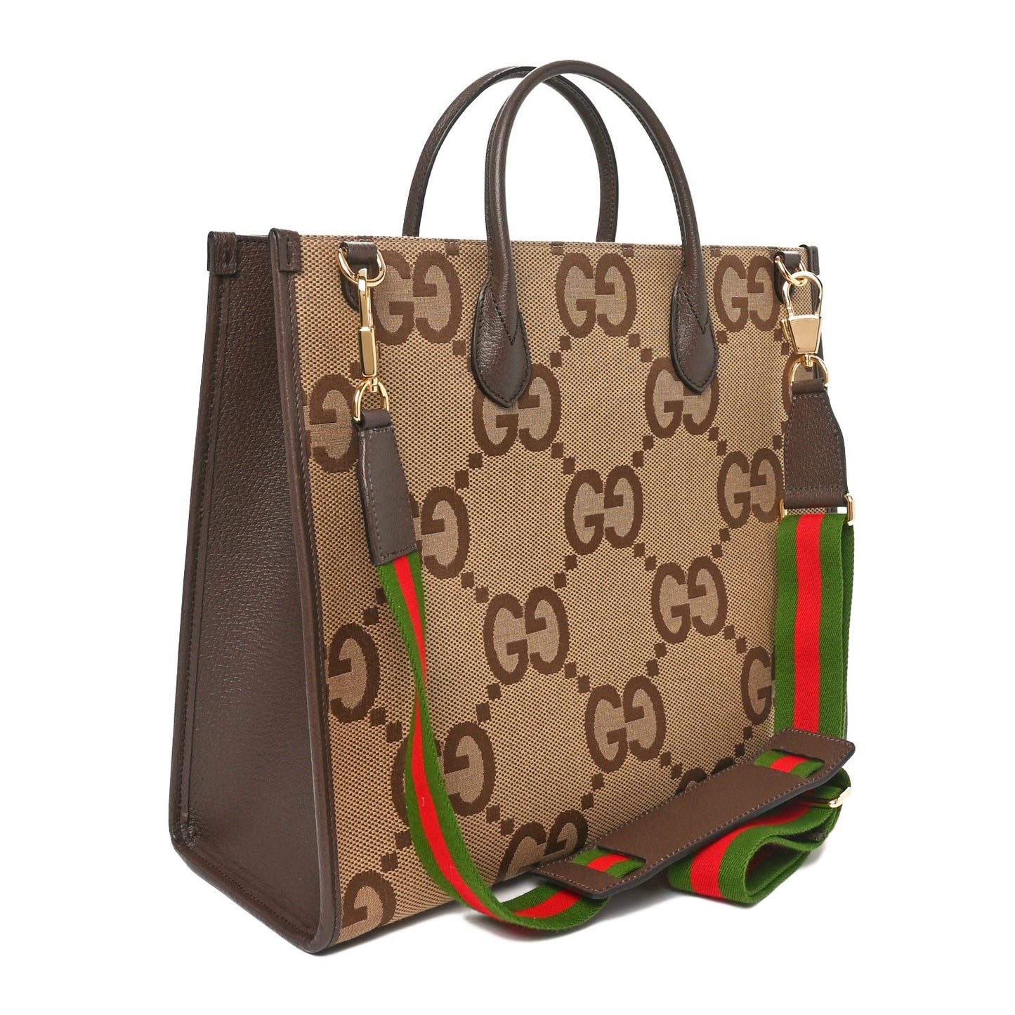 Monogram Jumbo GG Textured Dollar Calfskin Web Tote Bag Camel Ebony New Acero