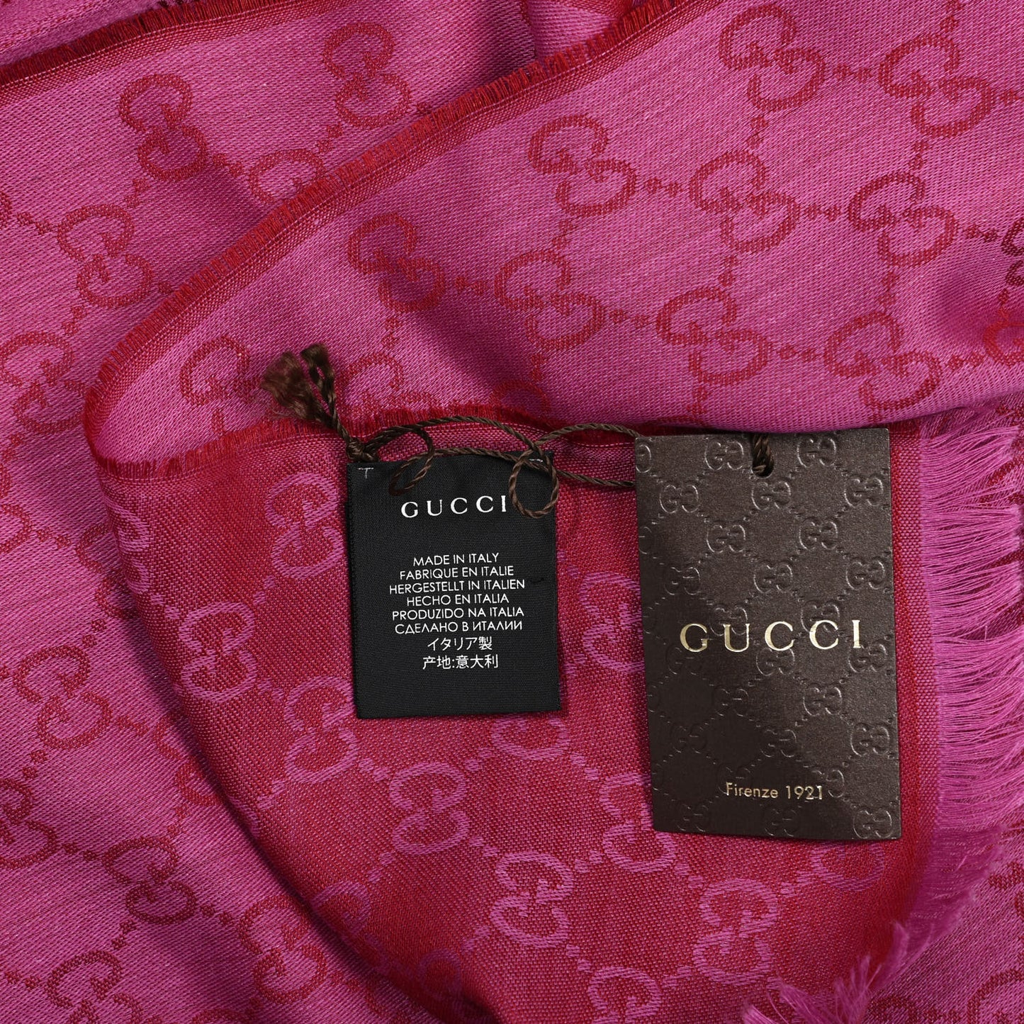 Wool Silk GG Monogram GGWeblong Fringe Scarf Shawl Red Pink