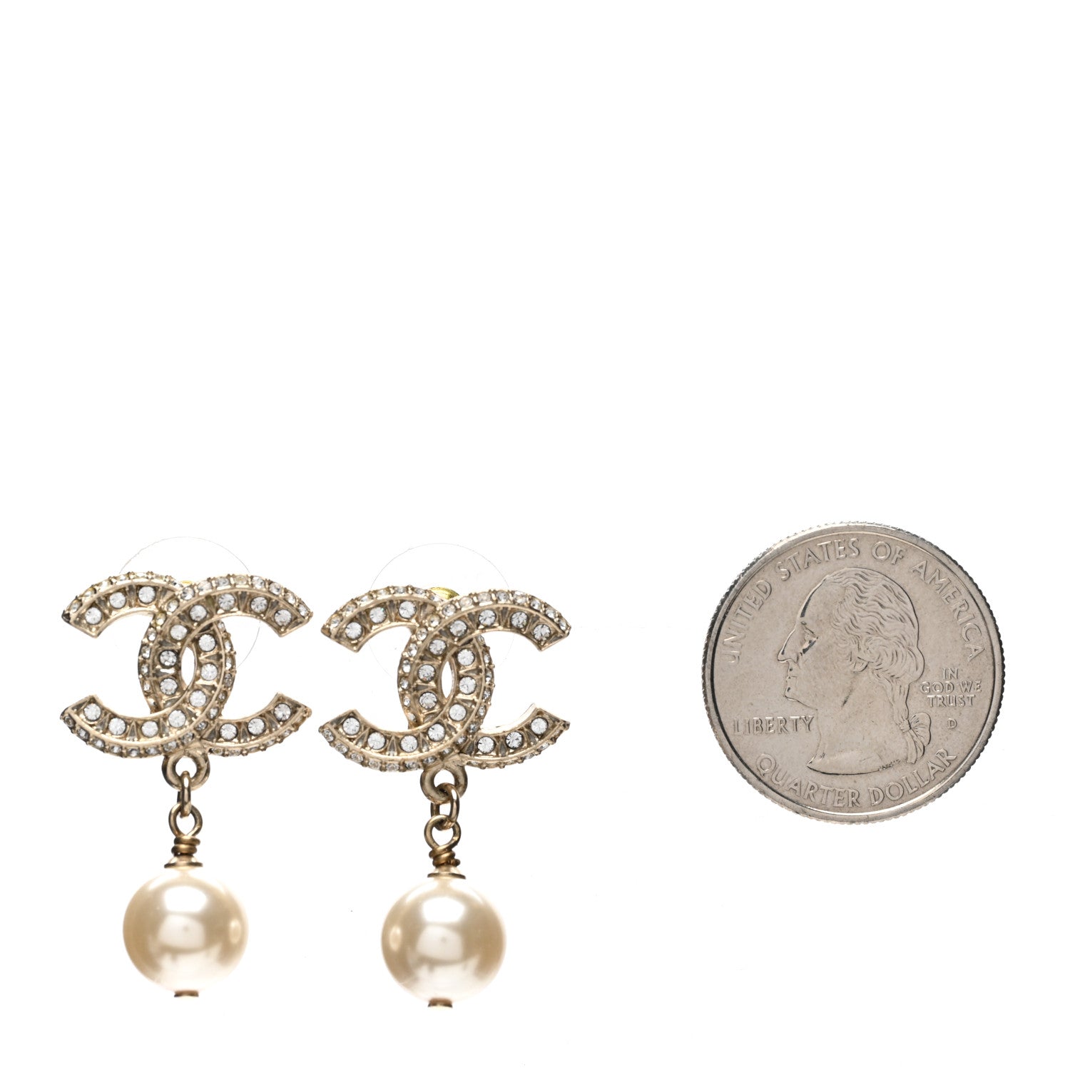 Chanel Crystal Timeless CC Pearl Drop Earrings Light Gold 2 of 5
