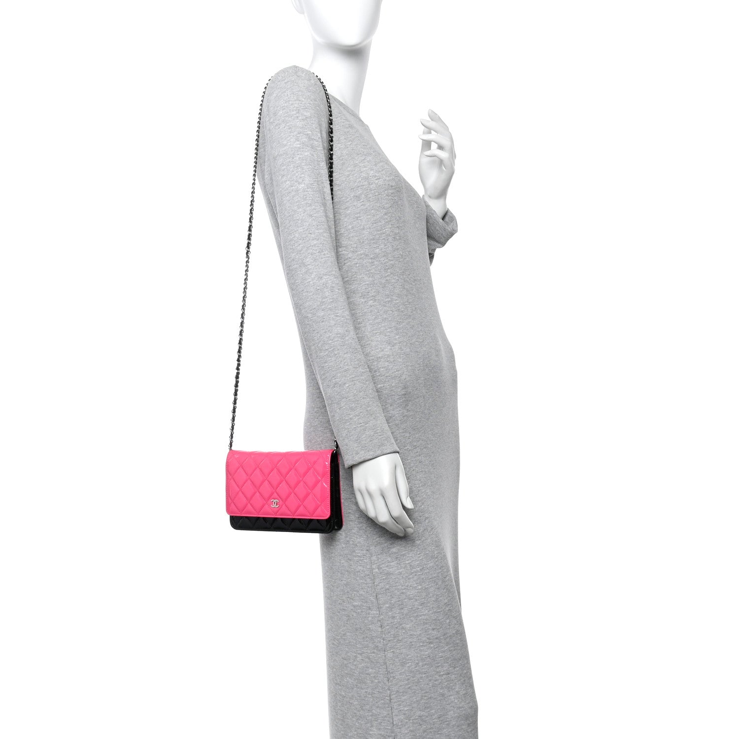 Chanel Patent Quilted Bi-Color Wallet On Chain WOC Pink Black 2 of 11
