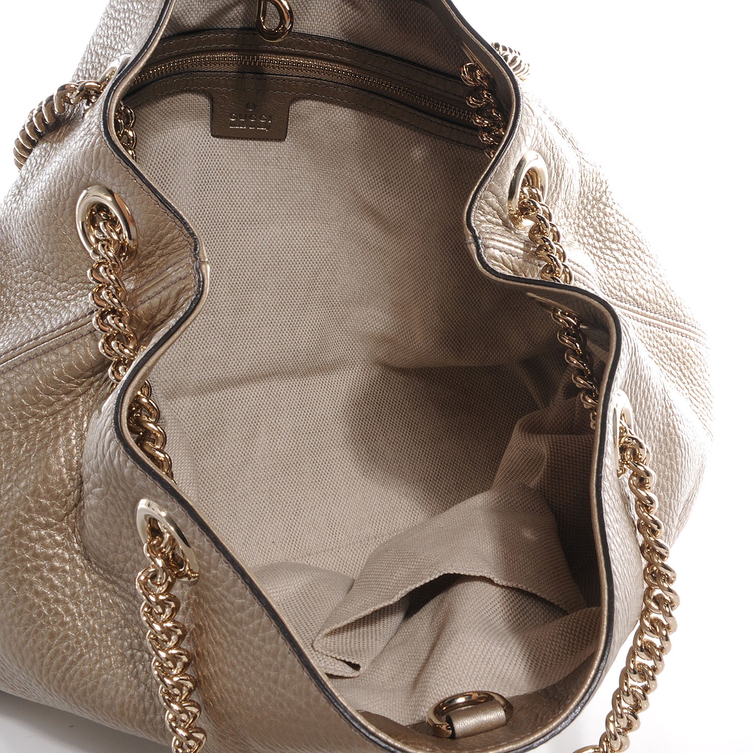 Gucci Metallic Pebbled Calfskin Medium Soho Chain Shoulder Bag Golden Beige 5 of 8