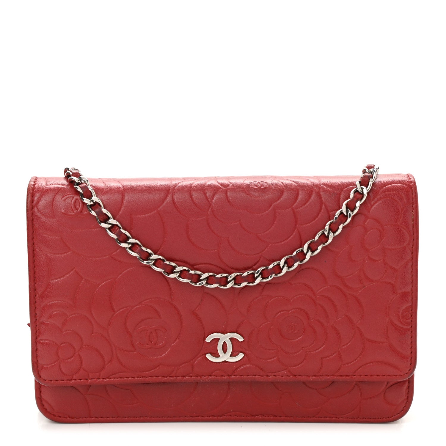 Chanel Lambskin Camellia Embossed Wallet On Chain WOC Red 1 of 13