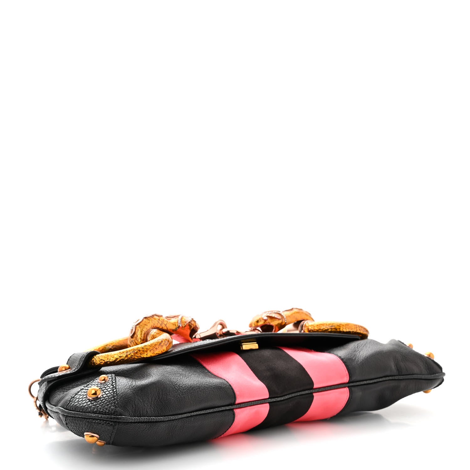 Gucci Calfskin Lizard Satin Studded Crystal Horsebit Clutch Pink Black 4 of 11