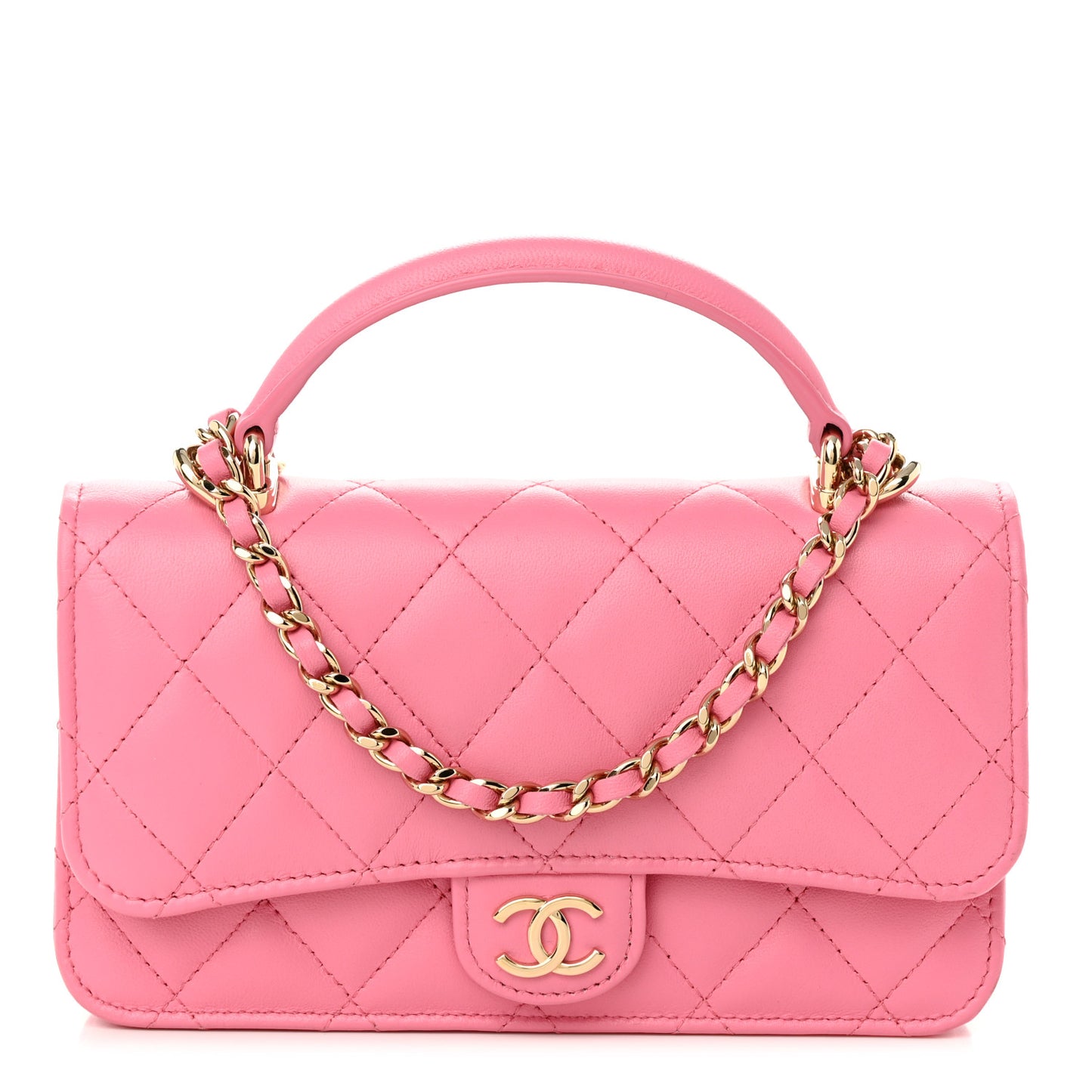 Lambskin Quilted Flap Phone Holder With Chain Pink