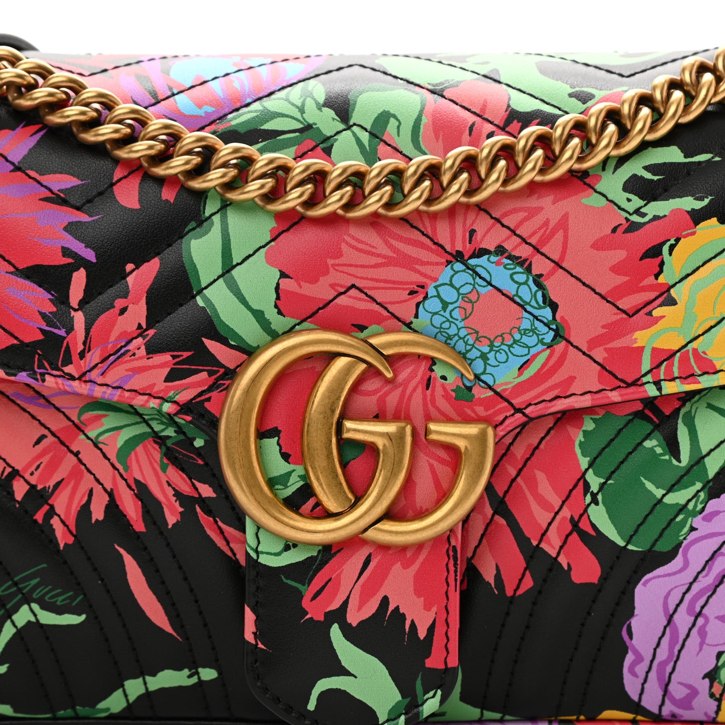 X KEN SCOTT Calfskin Matelasse Floral Small GG Marmont Shoulder Bag Black