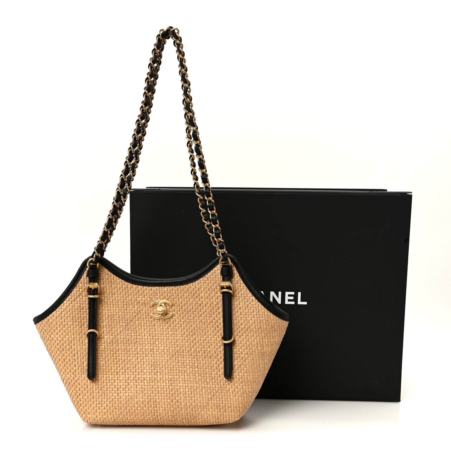 Chanel Braided Raffia Stitched Small Shopping Bag Dark Beige Black