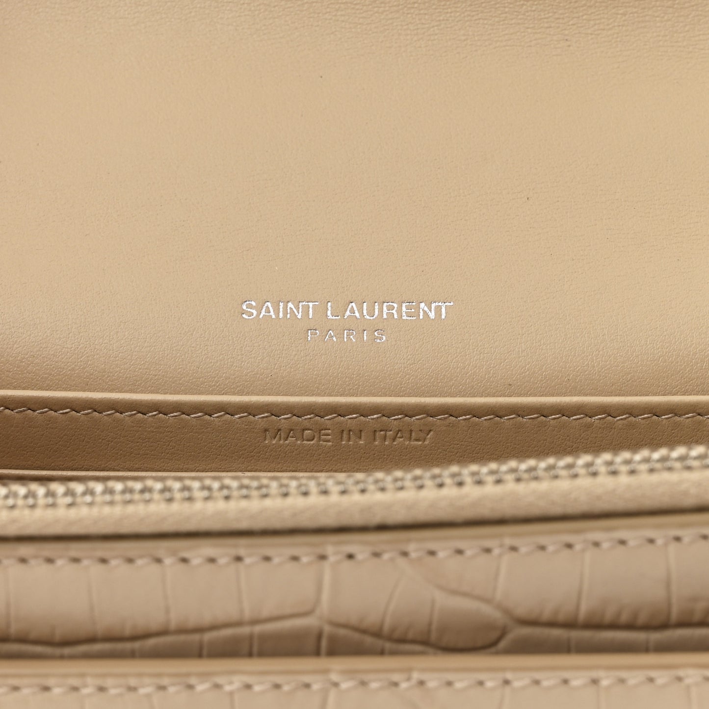 Calfskin Crocodile Embossed Monogram Sunset Chain Wallet Dark Beige