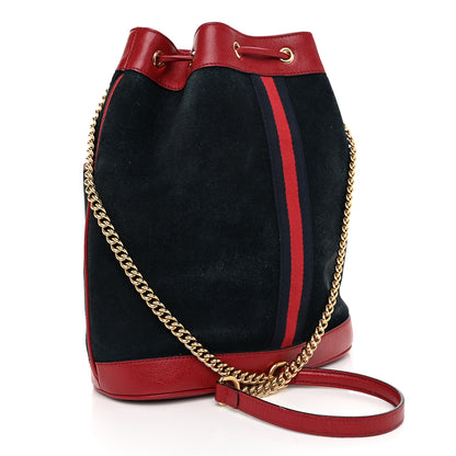 Gucci Suede Calfskin Web Medium Rajah Bucket Bag New Blue Romantic Cherry 3 of 11