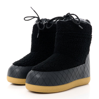 Chanel Tweed Shearling Sheepskin Drawstring Snow Ankle Boots 37 Black 2 of 8