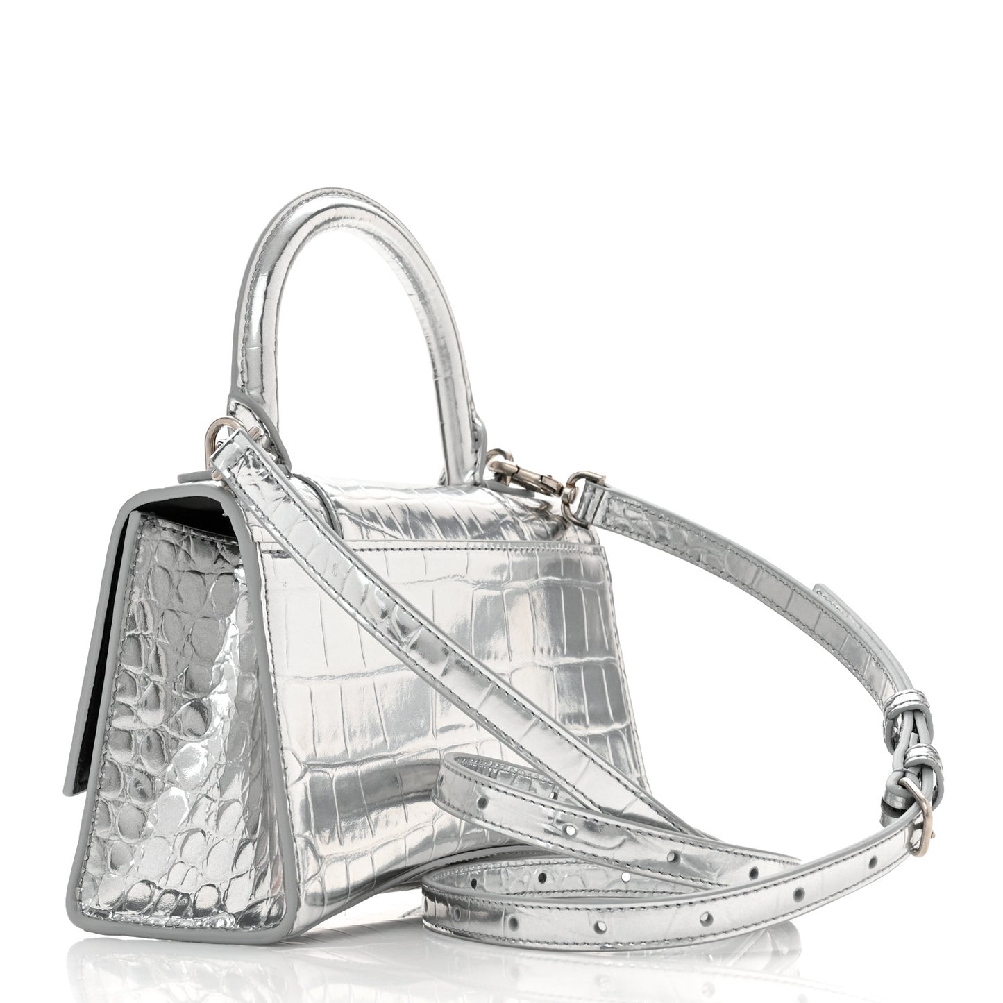 Metallic Calfskin Crocodile Embossed Hourglass Top Handle Bag XS Silver